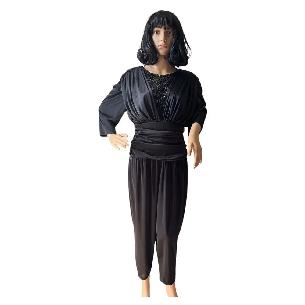 Vintage 1980s Abby Kent Black Beaded Sequin Ruched Jumpsuit Made USA Small